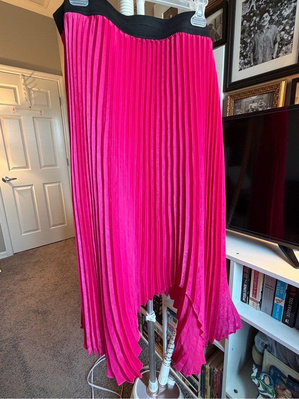 Simply Be Hot Pink Asymmetrical Pleated Midi Skirt with Black Waistband